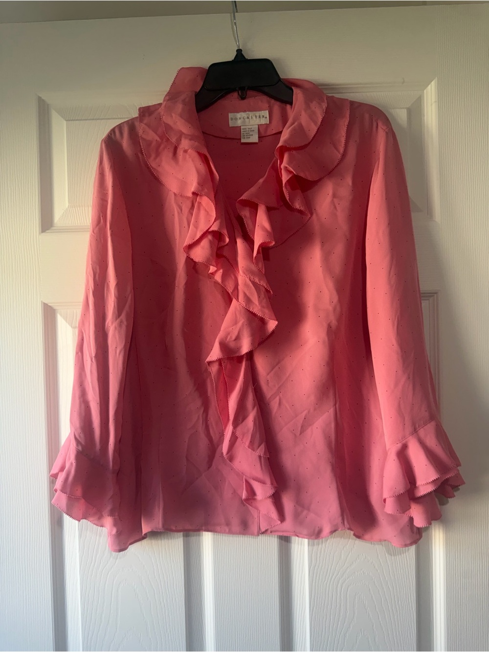 Doncaster Pink Ruffled Blouse 100% silk pink polka dot blouse